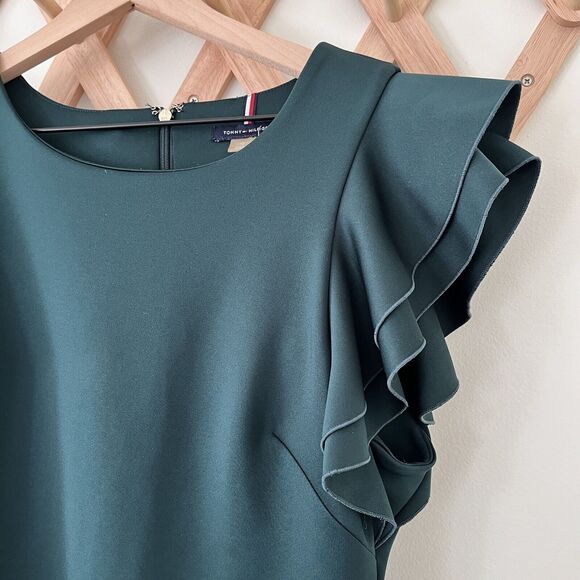 Tommy Hilfiger Forest Green Stretch Pencil Dress Size 12 Ruffle Cap Sleeve - Picture 5 of 8